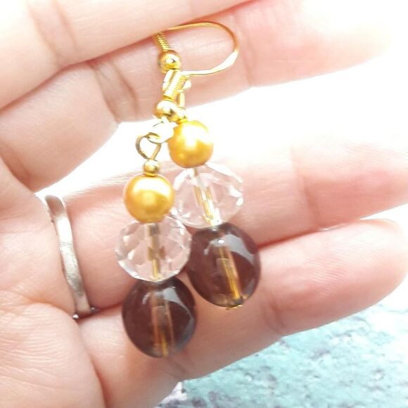 Artisan earrings  401# bohemian Smokey Glass Yellow Pearl drop gold Goldplate 9 - Picture 4 of 5